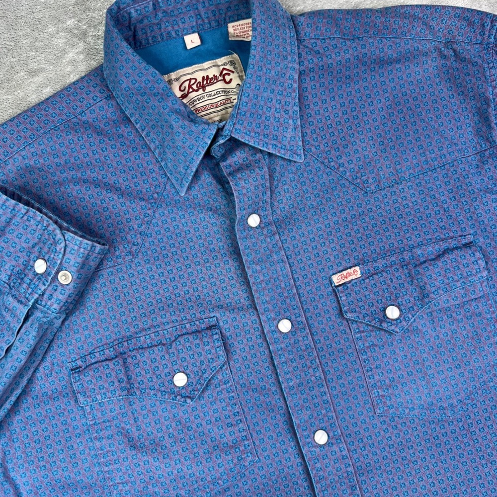 Rafter C Pearl‎ Snap Western Shirt Mens Large Blue Geometric ProFlex45 Cowboy